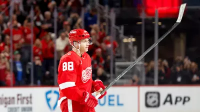 Jan 8, 2026; Detroit, Michigan, USA; Detroit Red Wings right wing Patrick Kane (88) celebrates after he scores his 500 career goal in the third period against the Vancouver Canucks at Little Caesars Arena. Mandatory Credit: Rick Osentoski-Imagn Images