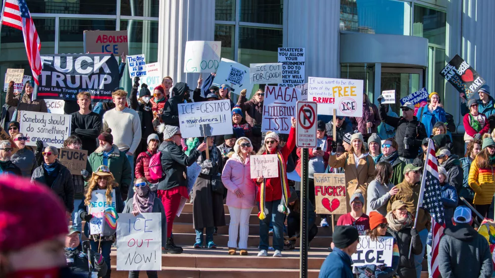 10 January 2026, US, Salt Lake CityProtesters hold signs during the 'ICE Out for Good' protest in Salt Lake City, a demonstration against US Immigration and Customs Enforcement (ICE) and calling for justice for Renee Nicole Good, who was fatally shot by an ICE agent in Minneapolis. PhotoCharles-Mcclintock Wilson/ZUMA Press Wire/dpa