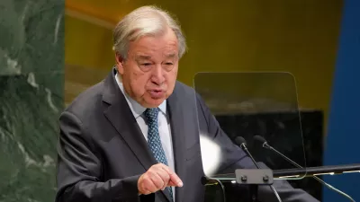 Secretary General Antonio Guterres addresses the 80th session of the United Nations General Assembly, Tuesday, Sept. 23, 2025, at UN headquarters. (AP Photo/Angelina Katsanis)