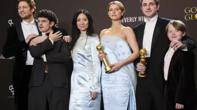 Joe Alwyn, Noah Jupe, Chloe Zhao, Jessie Buckley, Paul Mescal, and Jacobi Jupe pose with the Best Motion Picture - Drama award for "Hamnet"at the 83rd Annual Golden Globes in Beverly Hills, California, U.S., January 11, 2026. REUTERS/Mario Anzuoni