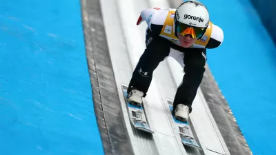 Ski Jumping - Four Hills Tournament - Bischofshofen, Austria - January 5, 2026 Slovenia's Domen Prevc in action during the Men's Individual HS142 training REUTERS/Kai Pfaffenbach