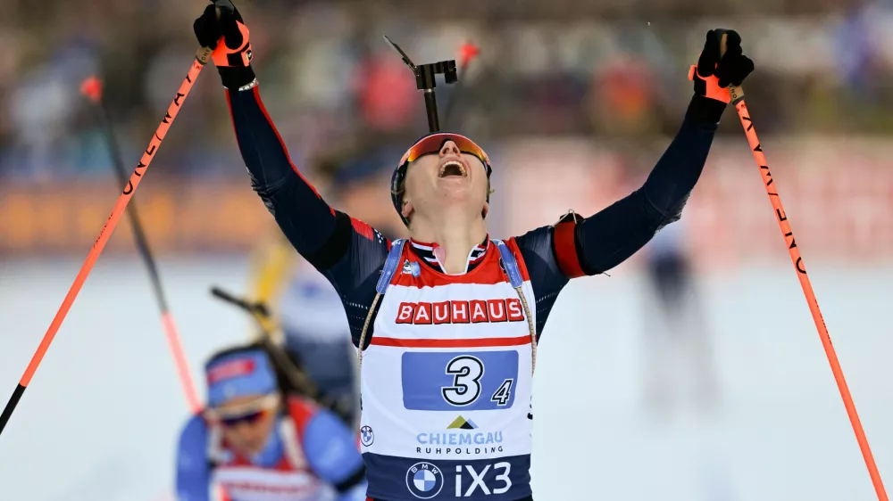 Norway's Maren Kirkeeide crosses the finishing line during the Biathlon women's World Cup, relay 4 x 6 km event, in Ruhpolding, Germany, Wednesday, Jan. 14, 2026. (Sven Hoppe/dpa via AP)