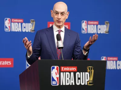 Dec 16, 2025; Las Vegas, Nevada, USA; NBA commissioner Adam Silver speaks during press conference at the Emirates NBA Cup Final at T-Mobile Arena. Mandatory Credit: Kirby Lee-Imagn Images
