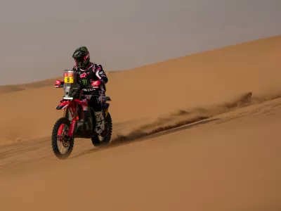 Rider Ricky Brabec competes during the twelfth stage of the Dakar Rally between Al Henakiyah and Yanbu, Saudi Arabia, Friday, Jan.16, 2026. (AP Photo/Thibault Camus)