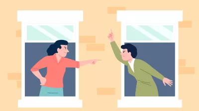 Neighbors fight. Female quarrel, angry neighborhood vibe. Furious women look out of windows and shout at each other, argues, recent vector urban scene original artwork / Foto: Ladadikart