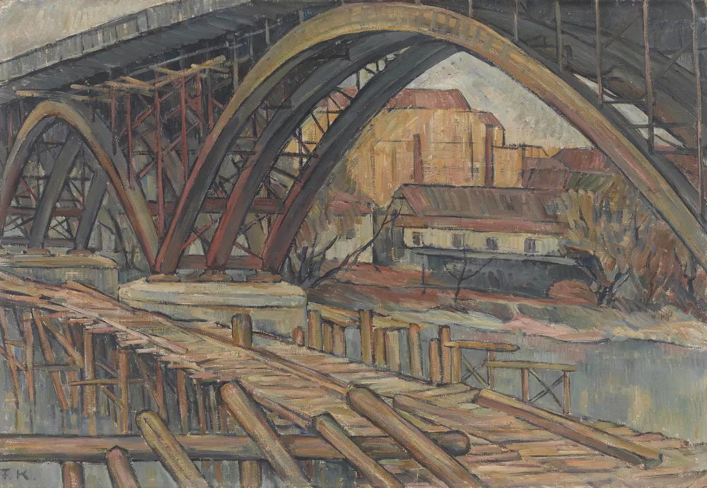 Fredy Koschitz, Dravski most v popravilu, okrog 1942, olje na platnu, Umetnostna galerija Maribor, foto Damjan &Scaron;varc / Foto: Damjan &Scaron;varc