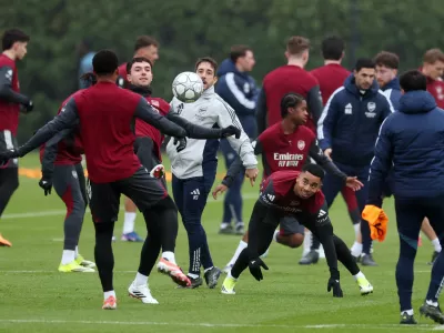 Soccer Football - UEFA Champions League - Arsenal Training - Arsenal Training Centre, London Colney, Britain - January 19, 2026 Arsenal's Martin Zubimendi and Gabriel Jesus during training Action Images via Reuters/Paul Childs