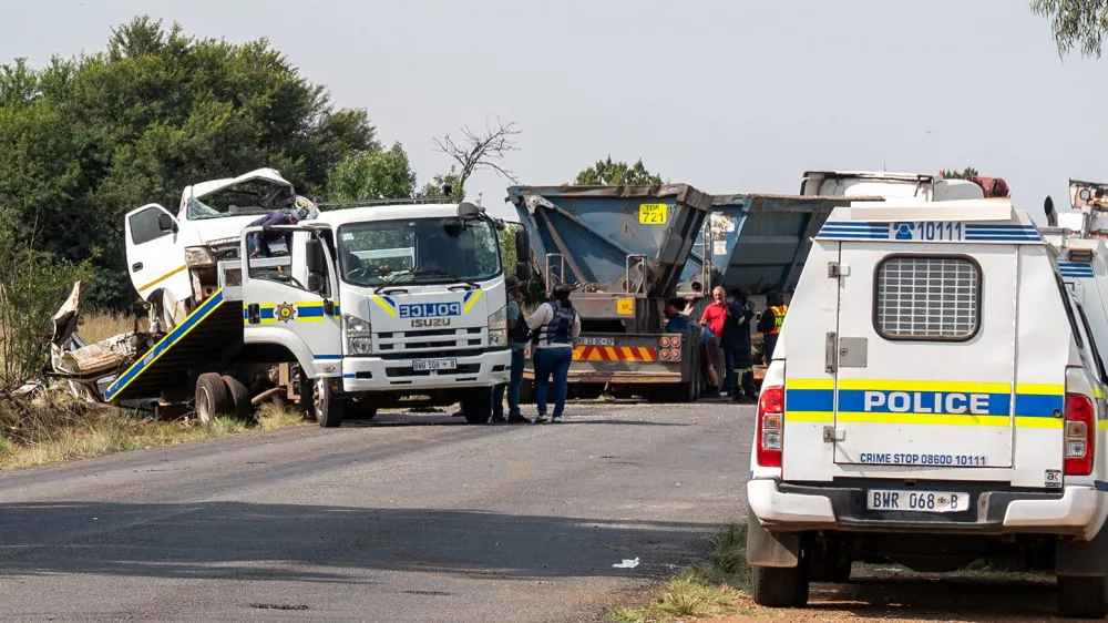 The scene of a fatal crash of 13 schoolchildren who perished ​when their minibus collided with a truck, in Johannesburg, South Africa, January 19, 2026. REUTERS/Shiraaz Mohamed