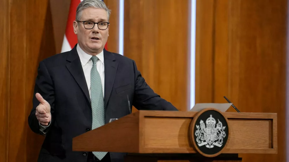 FILE PHOTO: British Prime Minister Keir Starmer speaks to the media in the briefing room of 9 Downing Street in central London, Britain, after U.S. president Donald Trump's threats to ramp up tariffs until a deal is reached for the U.S. to buy Greenland. Picture date: Monday January 19, 2026.  Jordan Pettitt/Pool via REUTERS/File Photo