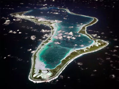 FILE - This image realeased by the U.S. Navy shows an aerial view of Diego Garcia. (U.S. Navy via AP, File)