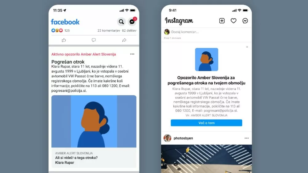 Vzorčni primer sporočila ob izginotju otroka in uporabi sistema Amber Alert 