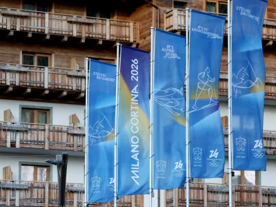 Milano Cortina 2026 Winter Olympics - Previews - Bormio, Italy - January 21, 2026 General view of banners depicting the logo for Milano Cortina Winter Olympic Games 2026 REUTERS/Claudia Greco