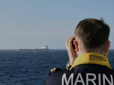 In this photo, provided by the French Army on Thursday, Jan 22, 2026, France's Navy, working with intelligence provided by the United Kingdom, on Thursday intercepted an oil tanker in the Mediterranean Sea that traveled from Russia, in a mission targeting the sanctioned Russian shadow fleet, officials said. (Etat-Major des Armees via AP)