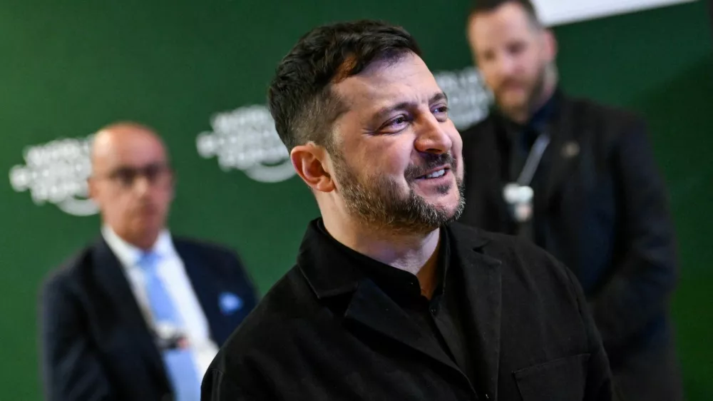 Ukraine's President Volodymyr Zelenskiy speaks to the media at the 56th annual World Economic Forum (WEF) meeting in Davos, Switzerland, January 22, 2026. REUTERS/Romina Amato