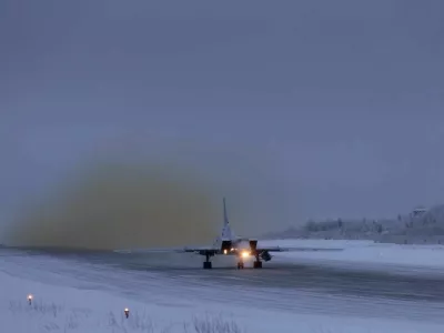 A Russian Tu-22M3 long-range strategic bomber plane takes off from an airfield at an unknown location before carrying out a scheduled patrol over neutral waters of the Baltic Sea, in this still image from a video released January 23, 2026. Russian Defence Ministry/Handout via REUTERS ATTENTION EDITORS - THIS IMAGE WAS PROVIDED BY A THIRD PARTY. NO RESALES. NO ARCHIVES. MANDATORY CREDIT. WATERMARK FROM SOURCE.