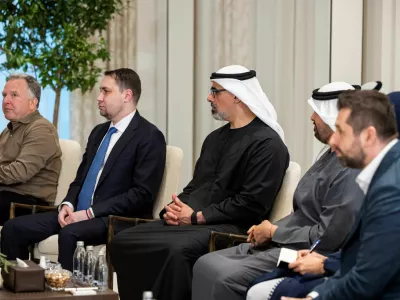 Steve Witkoff, United States Special Envoy, Kirill Budanov, Director of the Office of the President of Ukraine, Sheikh Khaled bin Mohamed bin Zayed Al Nahyan, Crown Prince of Abu Dhabi and Chairman of Abu Dhabi Executive Council, and Sheikh Theyab bin Mohamed bin Zayed Al Nahyan, Chairman of the Office of Development and Martyrs Families Affairs at the Presidential Court, attend a meeting with HH Sheikh Mohamed bin Zayed Al Nahyan, President of the United Arab Emirates (not shown), and heads of delegations participating in the UAE-hosted trilateral talks between the United States, Russia and Ukraine, at Al Shati Palace in Abu Dhabi, United Arab Emirates, January 23, 2026. Hamad Ryan Carter/UAE Presidential Court/Handout via REUTERS THIS IMAGE HAS BEEN SUPPLIED BY A THIRD PARTY