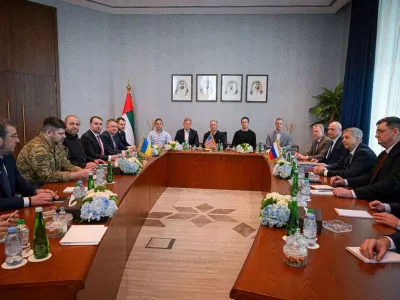 The members of delegations participating in the UAE hosted trilateral talks between the U.S., Russia and Ukraine, Director of the Office of the President of Ukraine Kirill Budanov, United States Special Envoy Steve Witkoff, Secretary of the National Security and Defense Council of Ukraine Rustem Umerov, Chief of the Main Directorate of the General Staff of the Russian Armed Forces Igor Kostyukov and Jared Kushner attend a meeting at Al Shati Palace in Abu Dhabi, United Arab Emirates, January 24, 2026. Uae Government/Handout via REUTERS  THIS IMAGE HAS BEEN SUPPLIED BY A THIRD PARTY. BEST QUALITY AVAILABLE.