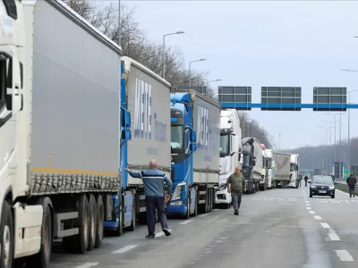 Truck drivers and transport union representatives protest at the Serbia-Croatia border crossing, citing disruptions linked to the European Union's new Entry-Exit System (EES), in Batrovci, Serbia, January 26, 2026. REUTERS/Zorana Jevtic