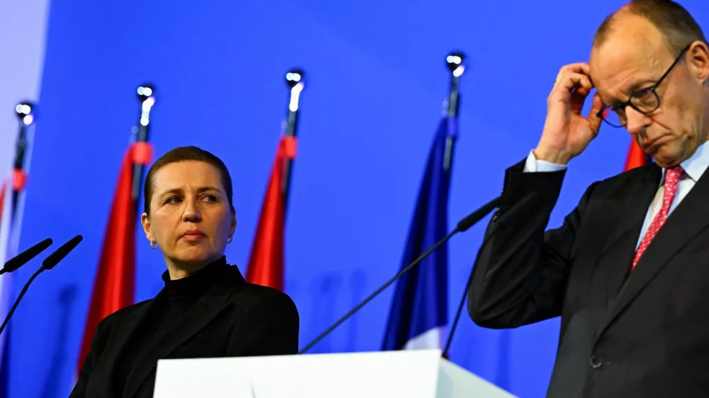 German Chancellor Friedrich Merz and Danish Prime Minister Mette Frederiksen hold a joint press conference with Belgian Prime Minister Bart De Wever at the third international North Sea Summit, in Hamburg, Germany January 26, 2026. REUTERS/Jonas Walzberg