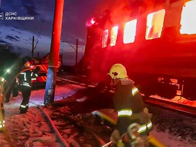 In this photo provided by the Ukrainian Emergency Service, firefighters put out the fire after Russian drones hit a passenger train in the Kharkiv region, Ukraine, Tuesday, Jan. 27, 2026. (Ukrainian Emergency Service via AP)