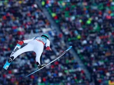 Ski Jumping - Ski Flying World Championships - Heini-Klopfer Ski Flying Hill, Oberstdorf, Germany - January 24, 2026 Slovenia's Domen Prevc in action during the men's individual HS235 trial round REUTERS/Kai Pfaffenbach