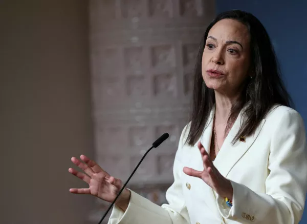 FILE PHOTO: Nobel Peace Prize laureate and Venezuelan opposition leader Maria Corina Machado speaks during a press conference in Oslo, Norway December 11, 2025. REUTERS/Leonhard Foeger/File Photo