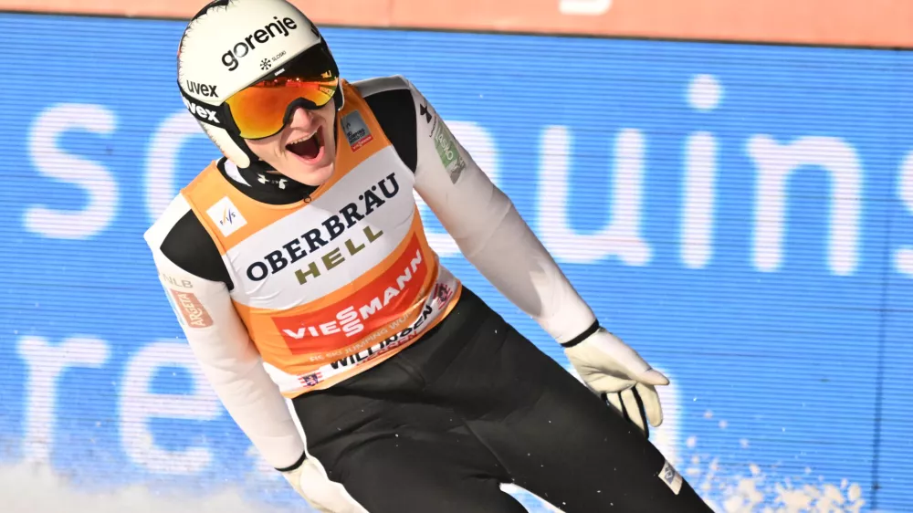 31 January 2026, Hesse, Willingen: Slovenia's Domen Prevc cheers after the the men's Large Hill competition of the FIS Ski Jumping World Cup FIS Ski Jumping World Cup in Willingen. Photo: Swen Pf&ouml;rtner/dpa