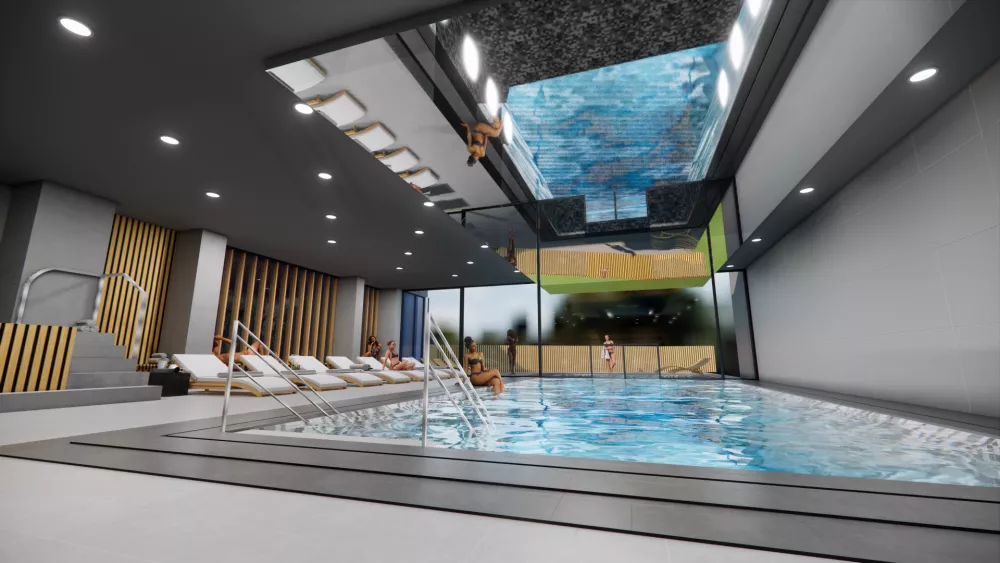 Hotel bo ponujal 72 sob, vse s terasami in razgledom na okoli&scaron;ko naravo, neposreden dostop do termalnih bazenov in wellnessa, hotelski wellness z novim bazenom in savnami,. F render