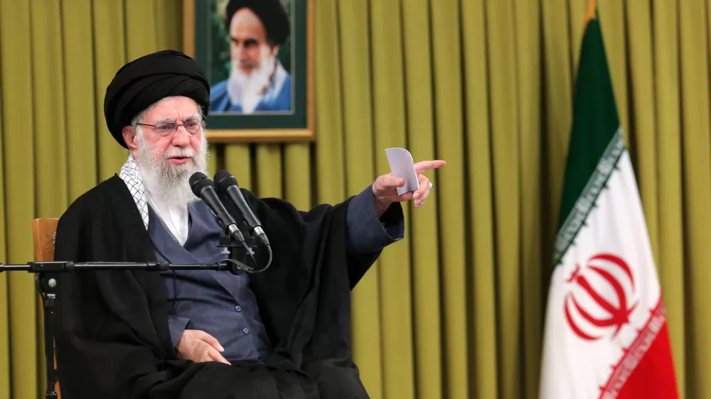 In this photo released by an official website of the office of the Iranian supreme leader, Supreme Leader Ayatollah Ali Khamenei speaks in a meeting, in Tehran, Iran, Sunday, Feb. 1, 2026. (Office of the Iranian Supreme Leader via AP)