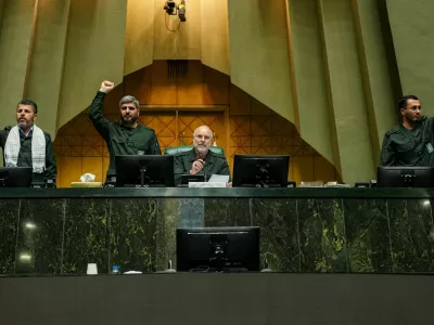 Iranian Parliament Speaker Mohammad-Bagher Ghalibaf looks on as parliament members chant in support of the IRGC while wearing military uniforms in Tehran, Iran, February 1, 2026. Hamed Malekpour/Islamic consultative assembly news agency/WANA (West Asia News Agency)/Handout via REUTERS ATTENTION EDITORS - THIS PICTURE WAS PROVIDED BY A THIRD PARTY.