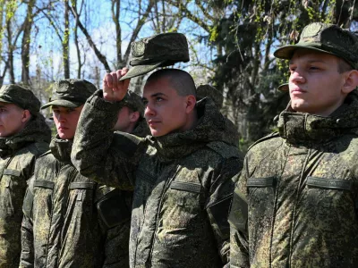 Russian conscripts called up for military service line up during a ceremony before their departure for garrisons, in Bataysk in the Rostov region, Russia, April 10, 2025. REUTERS/Sergey Pivovarov