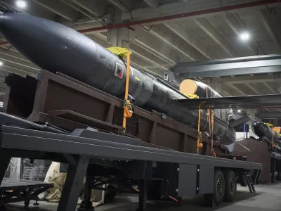 Flamingo missiles are seen at Fire Point's secret factory in Ukraine on Thursday, Aug. 14, 2025. (AP Photo/Efrem Lukatsky)