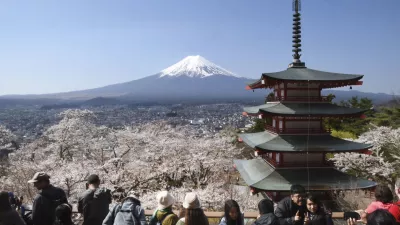 Photo taken on April 3, 2023, shows a popular scenic spot where Mt. Fuji, a red five-story pagoda and cherry blossoms in full bloom can be seen all together at Asakurayama Sengen Park in Fujiyoshida, Yamanashi Prefecture in eastern Japan.,Image: 766947222, License: Rights-managed, Restrictions:, Model Release: no