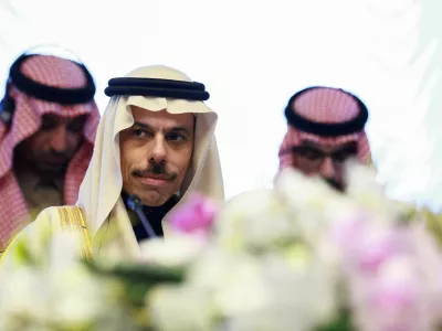 Saudi Arabia's Foreign Minister Prince Faisal bin Farhan Al Saud attends a meeting with Slovenian Foreign Minister Tanja Fajon, as she hosts the foreign ministers of Bahrain, Jordan, Egypt, and Saudi Arabia in Brdo pri Kranju, Slovenia, February 6, 2026. REUTERS/Borut Zivulovic