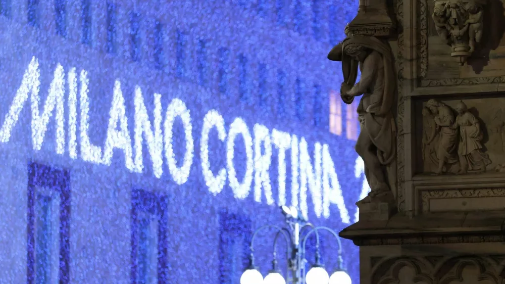 Milano Cortina 2026 Winter Olympics - Olympic Torch passes Milan Duomo - Milan, Italy - February 5, 2026 General view of the logo for Milano Cortina Winter Olympic Games 2026 before the Olympic Torch passes Milan Duomo REUTERS/Alkis Konstantinidis