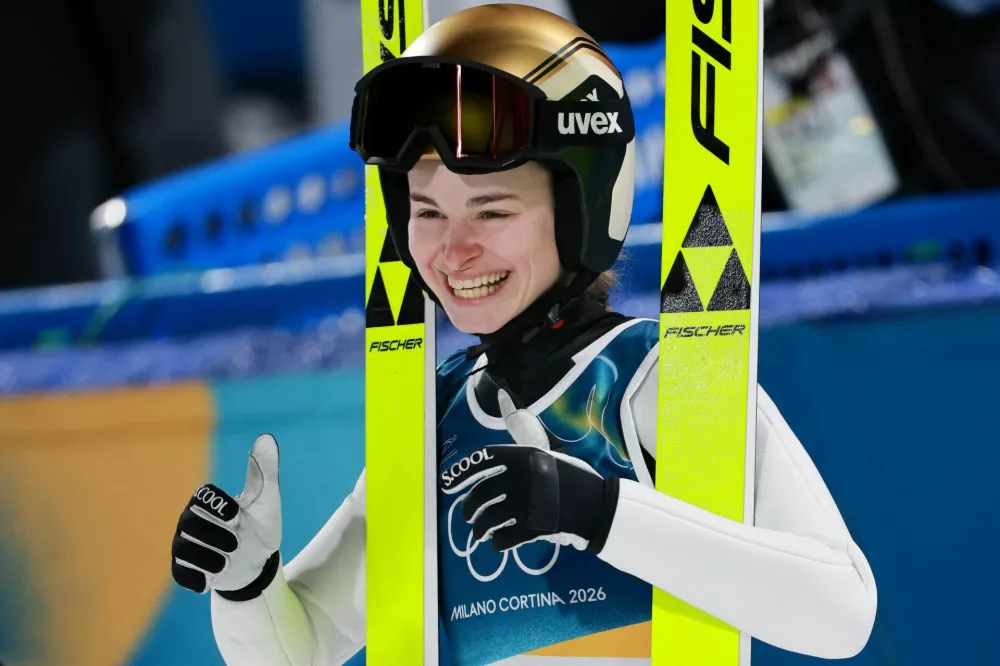 Milano Cortina 2026 Olympics - Ski Jumping - Women's Normal Hill Individual - Predazzo Ski Jumping Stadium, Predazzo, Italy - February 07, 2026. Nika Vodan of Slovenia reacts after her first round jump of the Women's Normal Hill Individual REUTERS/Stephanie Lecocq
