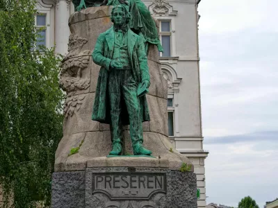 Bronze statue of Slovenian writer France Preseren made by sculptor Ivan Zajec unveiled on 10 September 1905 at Preseren Square at Slovenian capital city. Photo taken August 9th, 2024, Ljubljana, Slovenia.