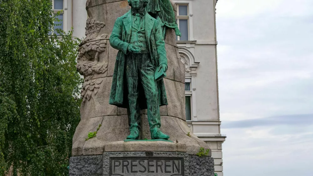 Bronze statue of Slovenian writer France Preseren made by sculptor Ivan Zajec unveiled on 10 September 1905 at Preseren Square at Slovenian capital city. Photo taken August 9th, 2024, Ljubljana, Slovenia.