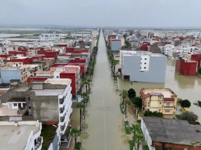 A drone view of a flooded area, after heavy rainfall raised water levels in the region, in Ksar El Kebir, Morocco, in this screengrab from a handout video obtained on February 6, 2026. The Royal Moroccan Gendarmerie/Handout via REUTERS  THIS IMAGE HAS BEEN SUPPLIED BY A THIRD PARTY. MANDATORY CREDIT. Verification: Reuters confirmed the location by road layouts and buildings which matched file satellite imagery. The date of the footage could not be verified.