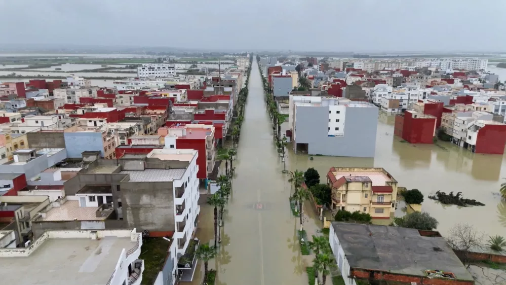 A drone view of a flooded area, after heavy rainfall raised water levels in the region, in Ksar El Kebir, Morocco, in this screengrab from a handout video obtained on February 6, 2026. The Royal Moroccan Gendarmerie/Handout via REUTERS  THIS IMAGE HAS BEEN SUPPLIED BY A THIRD PARTY. MANDATORY CREDIT. Verification: Reuters confirmed the location by road layouts and buildings which matched file satellite imagery. The date of the footage could not be verified.