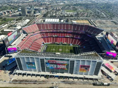 An aerial view of Levi's Stadium, the venue for Super Bowl LX, in Santa Clara, California, U.S., February 5, 2026. REUTERS/Max A. Cherney