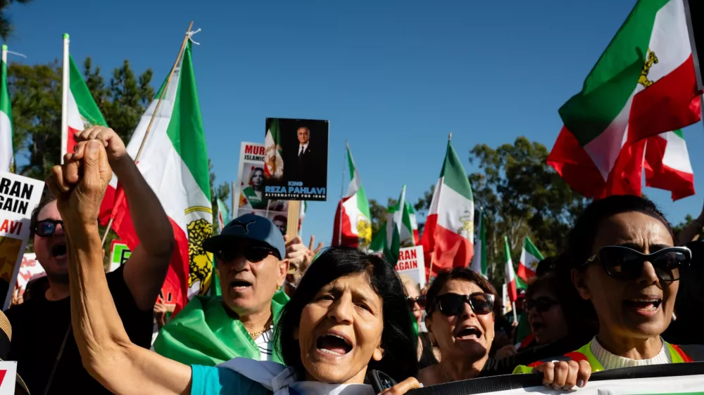 07 February 2026, US, IrvineA protester raises their fist during a Freedom for Iran rally at William R. Mason Regional Park in Irvine. PhotoGhawam Kouchaki/ZUMA Press Wire/dpa