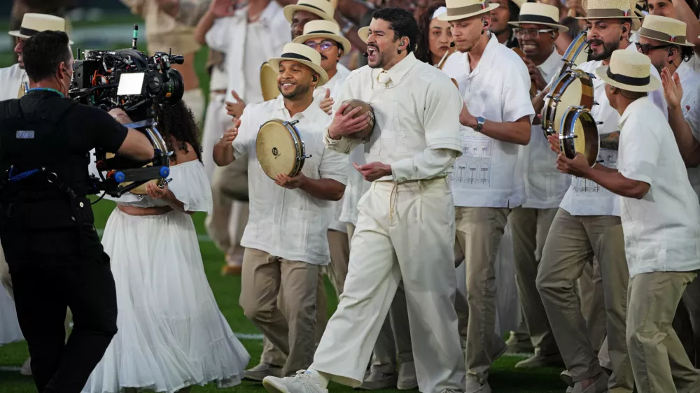 Feb 8, 2026; Santa Clara, CA, USA; Bad Bunny performs during the Half Time show in Super Bowl LX at Levi's Stadium. Mandatory Credit: Darren Yamashita-Imagn Images