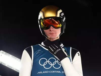 Milano Cortina 2026 Olympics - Ski Jumping - Men's Normal Hill - Official Training - Predazzo Ski Jumping Stadium, Predazzo, Italy - February 08, 2026. Domen Prevc of Slovenia during training REUTERS/Kai Pfaffenbach