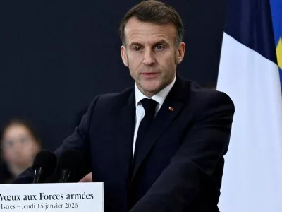 FILE PHOTO: French President Emmanuel Macron delivers a speech as he visits the Istres military air force base, southern France, January 15, 2026. Philippe Magoni/Pool via REUTERS/File Photo