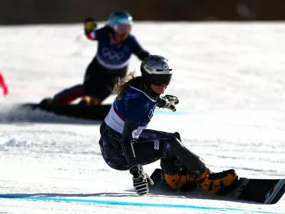Milano Cortina 2026 Olympics - Snowboard - Women's Parallel Giant Slalom 1/8 Finals - Livigno Snow Park, Livigno, Italy - February 08, 2026. Ester Ledecka of Czech Republic in action during her 1/8 final against Claudia Riegler of Austria in the Women's Parallel Giant Slalom REUTERS/Gonzalo Fuentes