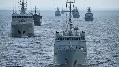 Estonia's Wambola (A433) and fleet ships move through the water during an anti-aircraft exercise, as seen from the German Navy supply tender Donau during the multinational naval maneuver Northern Coasts, part of the Quadriga 2025 exercise led by the Bundeswehr and NATO partners to strengthen defense readiness under realistic conditions in the Baltic Sea, off the coast of Kiel, Germany September 2, 2025. REUTERS/Annegret Hilse