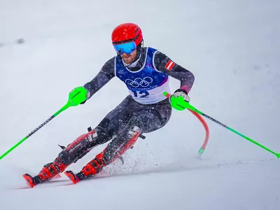 Italija, Bormio.Zimske olimpijske igre 2026.Alpsko smucanje, slalom, moski.Avstrijec Fabio Gstrein je osvojil srebrno medaljo.