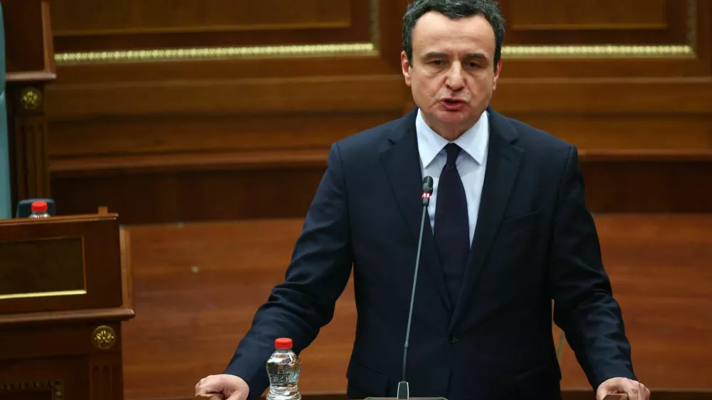 Kosovo's newly elected Albin Kurti delivers a speech during a parliamentary session, in Pristina, Kosovo, February 11, 2026. REUTERS/Florion Goga
