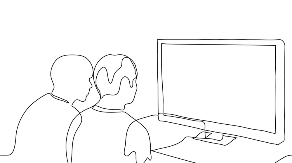 A couple of friends are sitting in front of a wide screen TV, they are watching something enthusiastically (news, film, TV show). One continuous line drawing looking at the monitor, for animation / Foto: Kamila Baimukasheva Getty Images